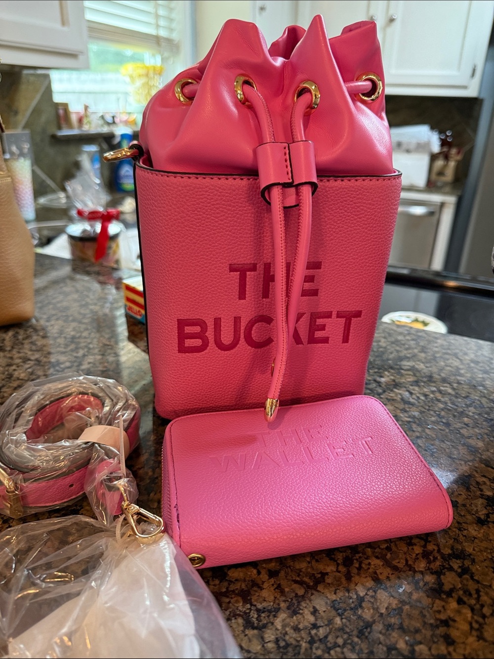 Pink Drawstring Mini Bucket Bag with Matching Wallet